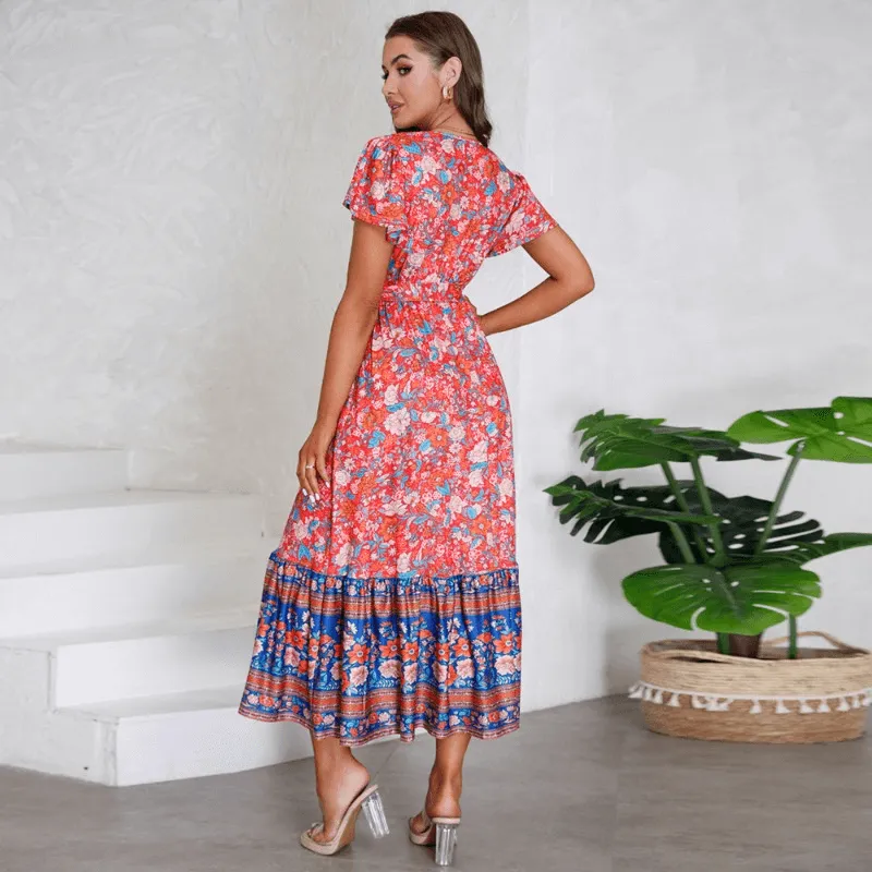 Summer V-neck Lichen Sleeve Print Long Dress