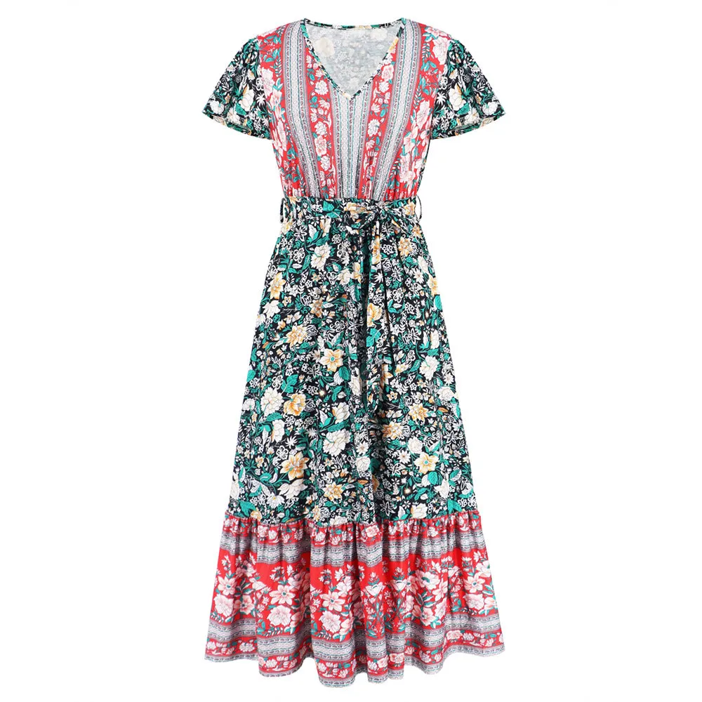 Summer V-neck Lichen Sleeve Print Long Dress
