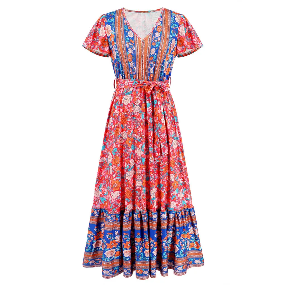 Summer V-neck Lichen Sleeve Print Long Dress