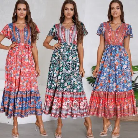 Summer V-neck Lichen Sleeve Print Long Dress