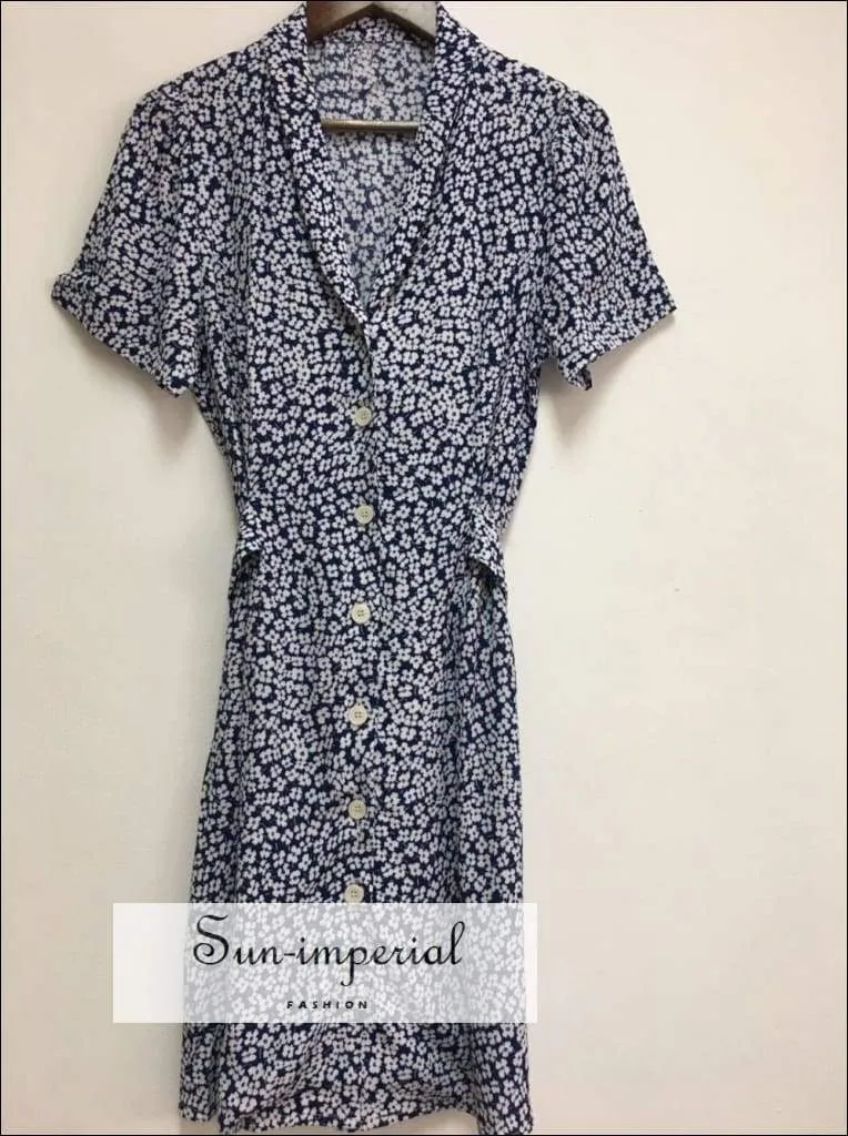 Sun-imperial Yellow Flowers Print Short Sleeve Mini Dress Buttoned Summer Dress