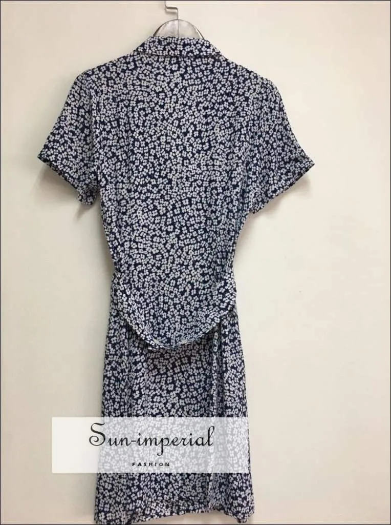 Sun-imperial Yellow Flowers Print Short Sleeve Mini Dress Buttoned Summer Dress