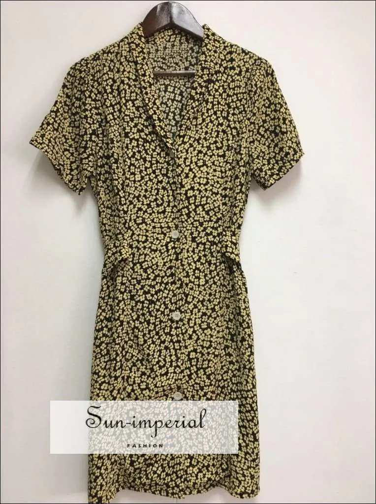 Sun-imperial Yellow Flowers Print Short Sleeve Mini Dress Buttoned Summer Dress