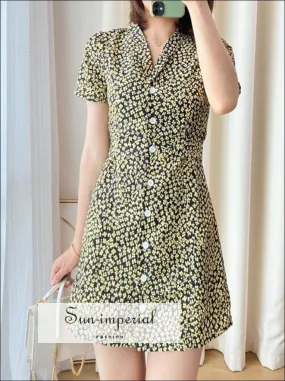 Sun-imperial Yellow Flowers Print Short Sleeve Mini Dress Buttoned Summer Dress