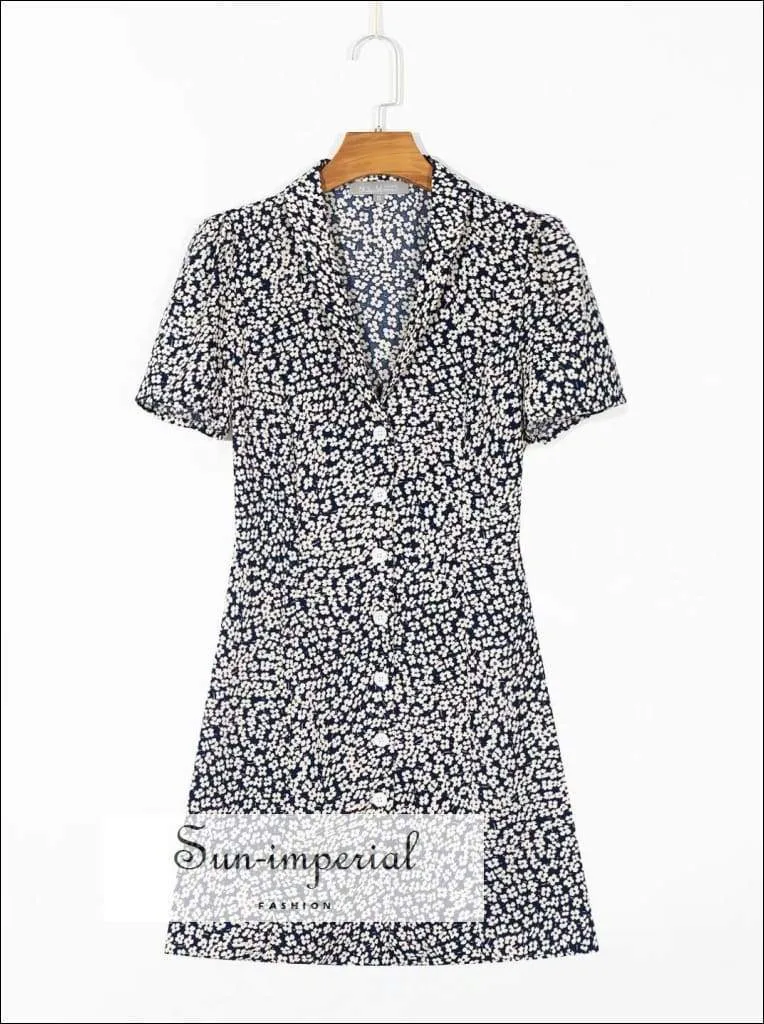 Sun-imperial Yellow Flowers Print Short Sleeve Mini Dress Buttoned Summer Dress