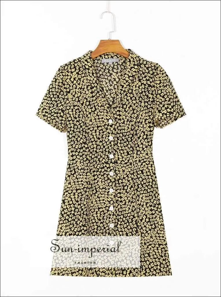 Sun-imperial Yellow Flowers Print Short Sleeve Mini Dress Buttoned Summer Dress