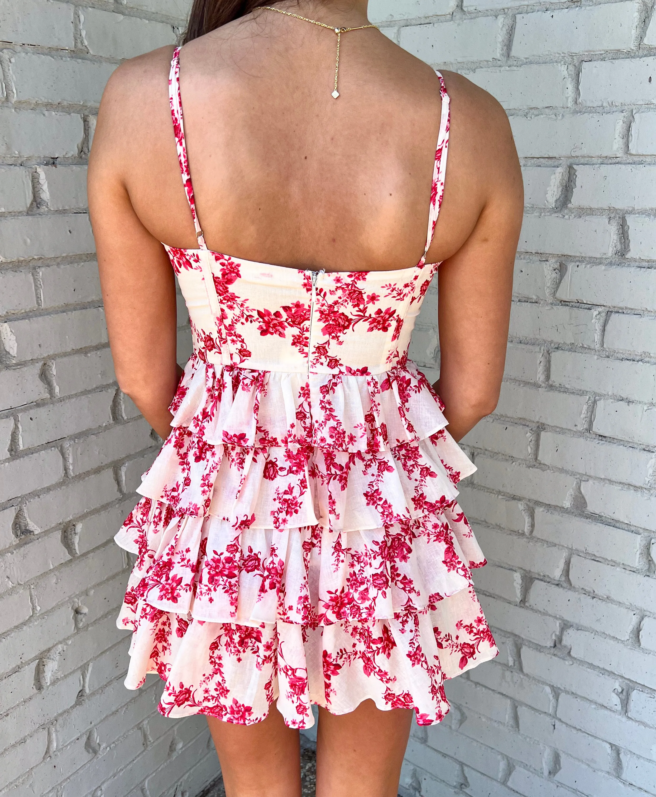 THE BETTER BET RED FLORAL RUFFLE MINI DRESS