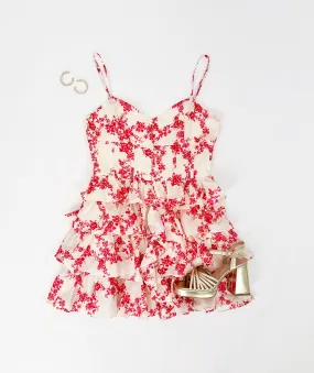 THE BETTER BET RED FLORAL RUFFLE MINI DRESS
