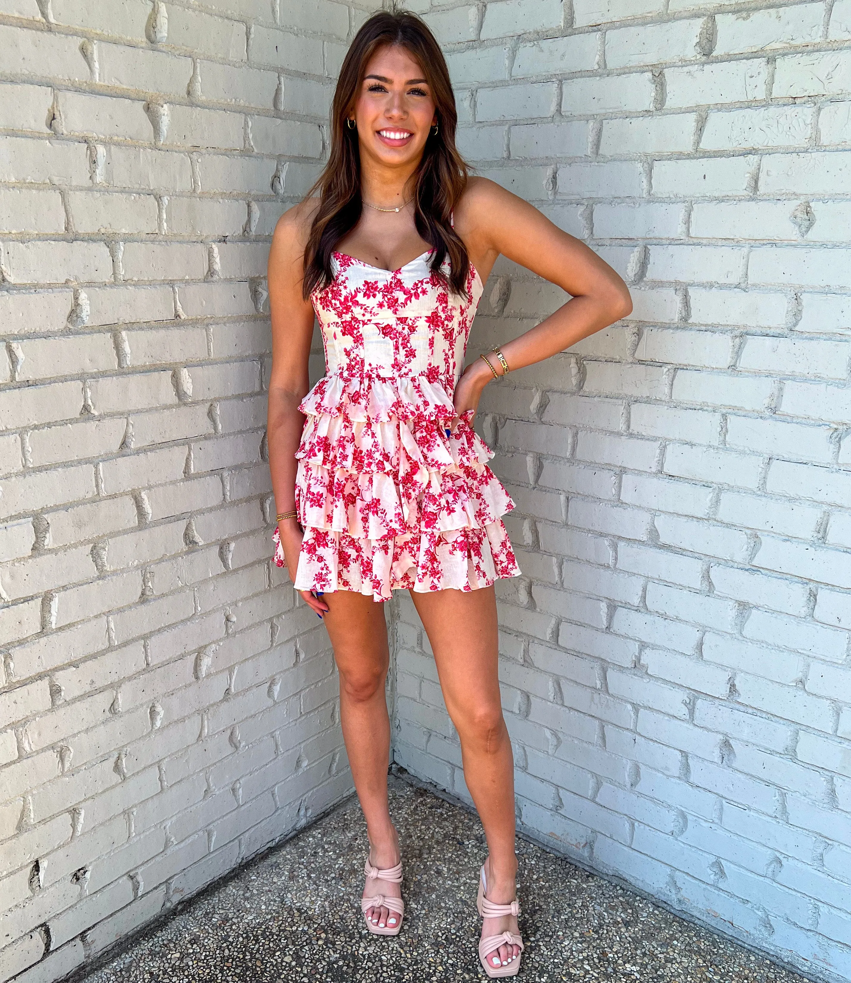 THE BETTER BET RED FLORAL RUFFLE MINI DRESS