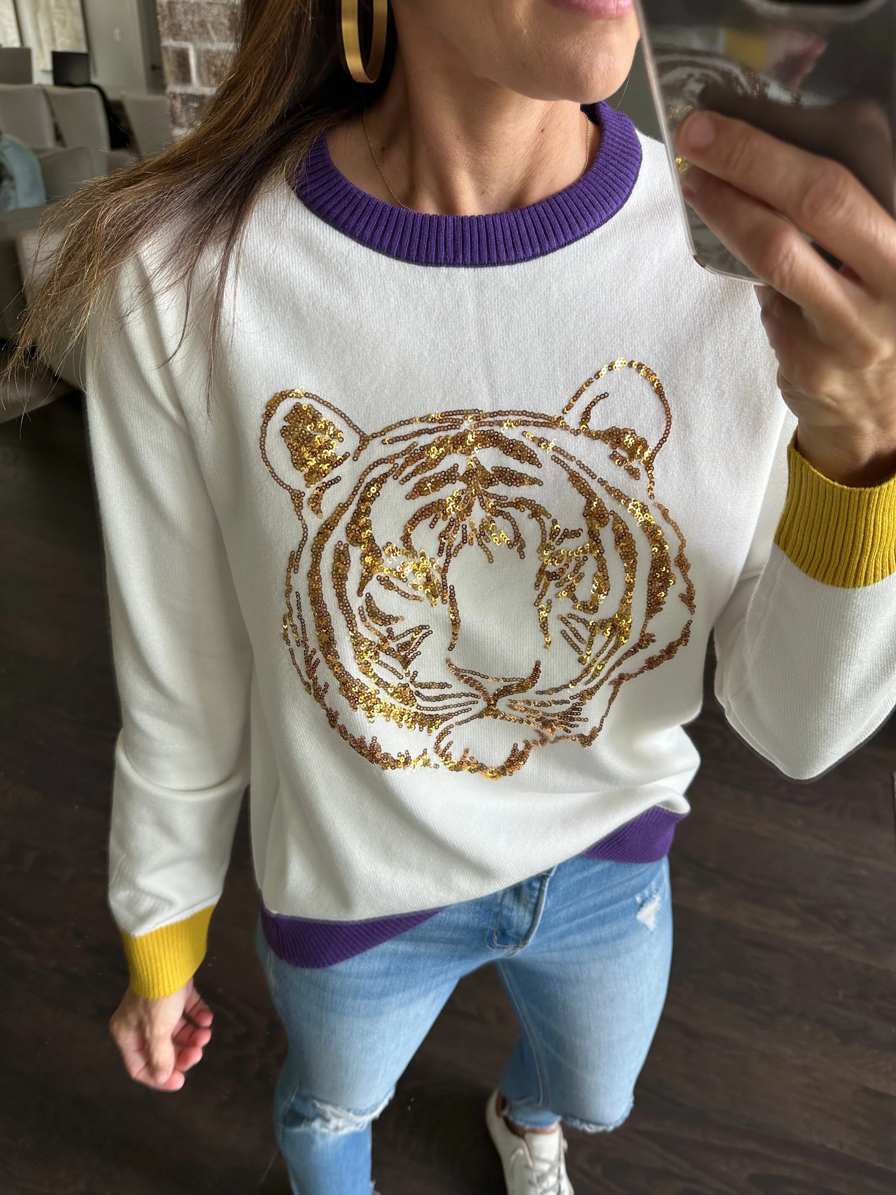 Tiger Head Long Sleeve Sweater- White