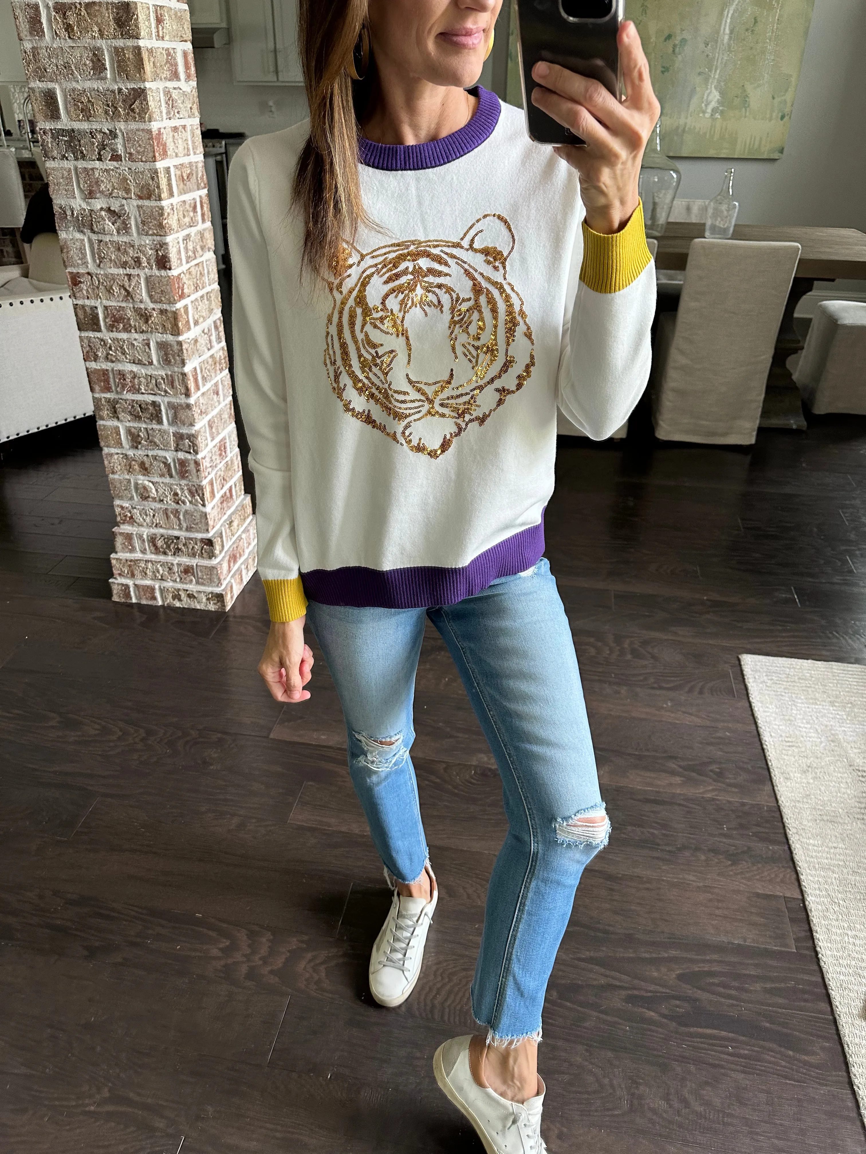Tiger Head Long Sleeve Sweater- White