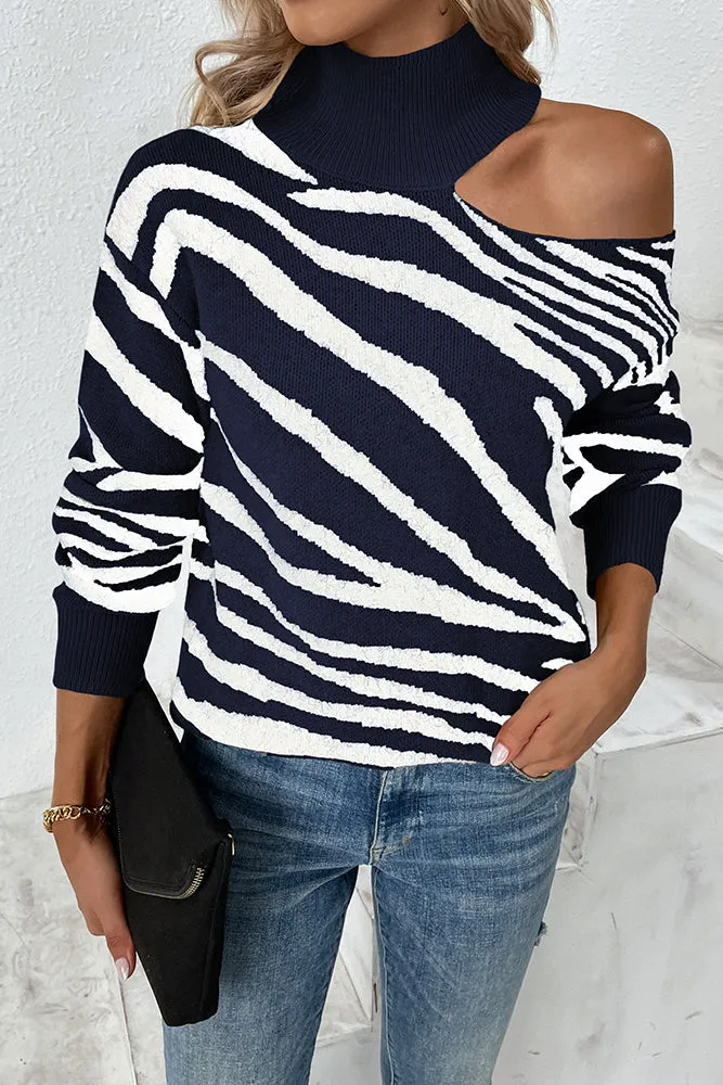 Tiger Stripe Cut One Shoulder  Autumn Outfits Knit Sweaters