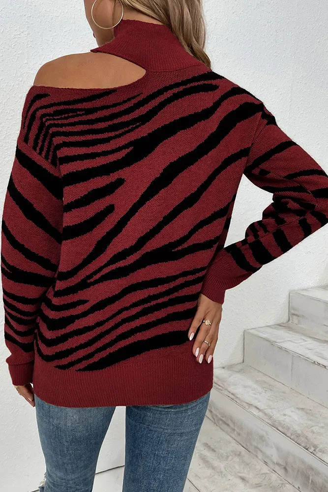 Tiger Stripe Cut One Shoulder  Autumn Outfits Knit Sweaters