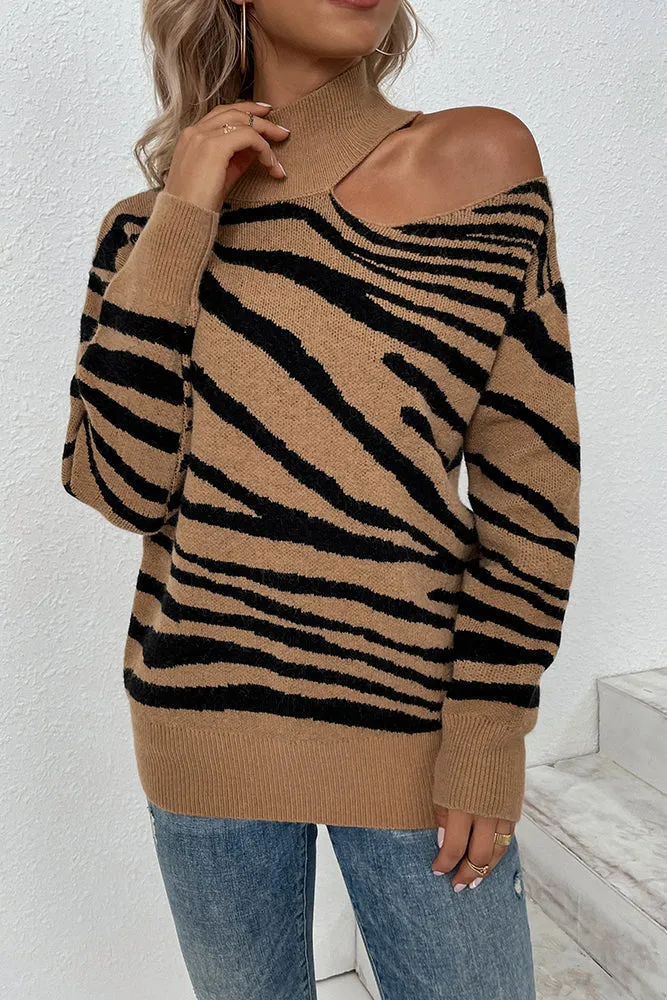 Tiger Stripe Cut One Shoulder  Autumn Outfits Knit Sweaters