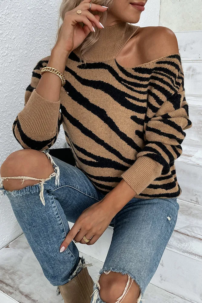 Tiger Stripe Cut One Shoulder  Autumn Outfits Knit Sweaters