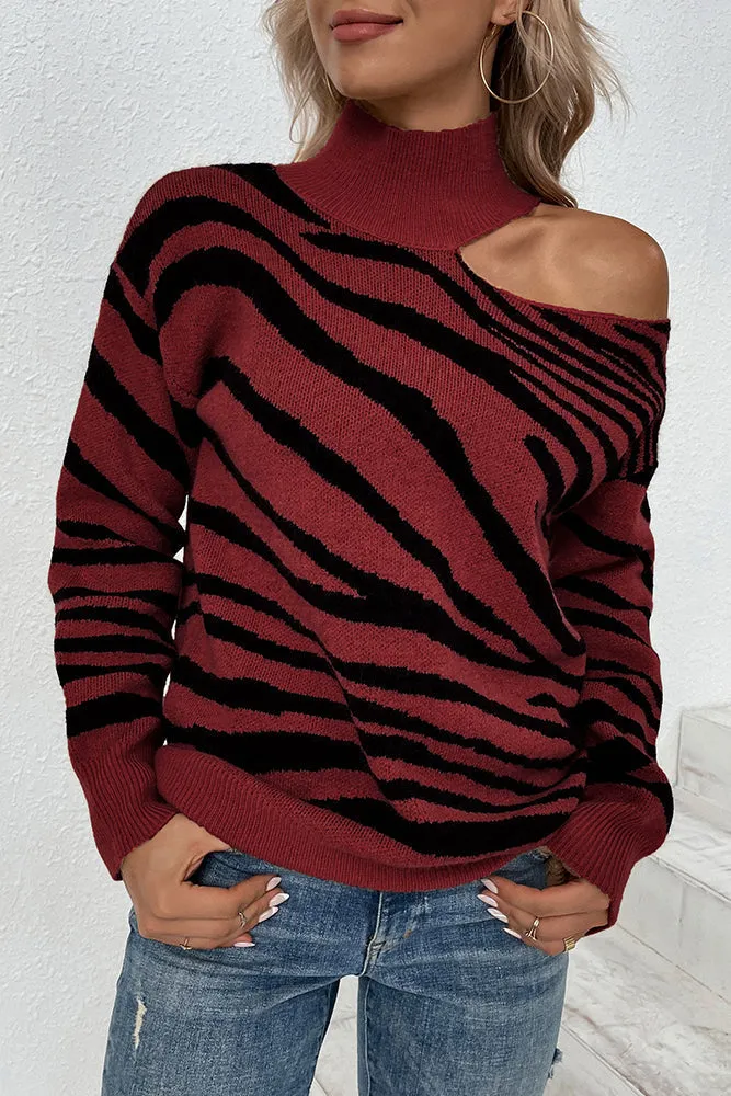 Tiger Stripe Cut One Shoulder  Autumn Outfits Knit Sweaters