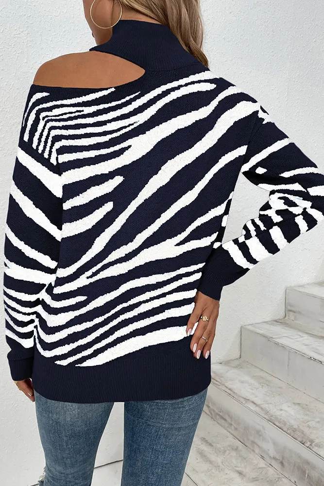 Tiger Stripe Cut One Shoulder  Autumn Outfits Knit Sweaters