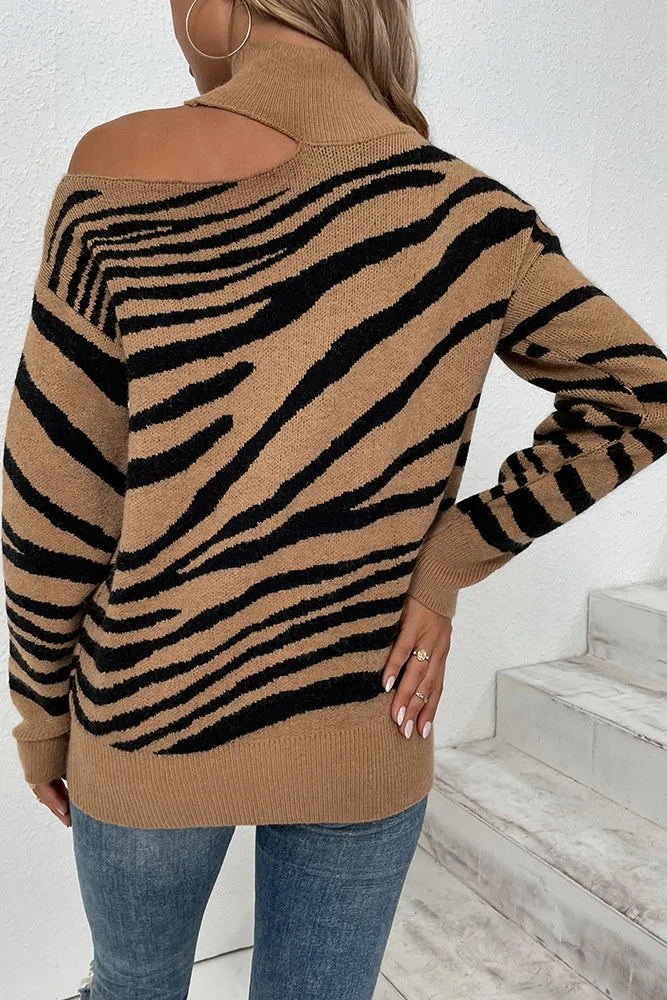 Tiger Stripe Cut One Shoulder  Autumn Outfits Knit Sweaters