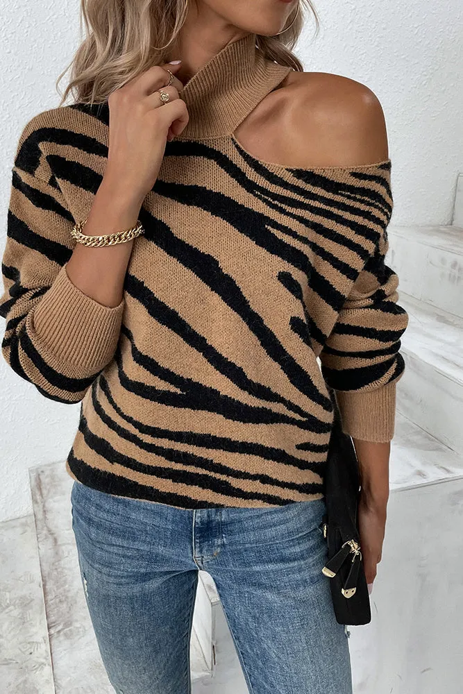 Tiger Stripe Cut One Shoulder  Autumn Outfits Knit Sweaters