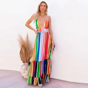 V-NECK COLORFUL STRIPED PRINT BOHO LONG DRESS