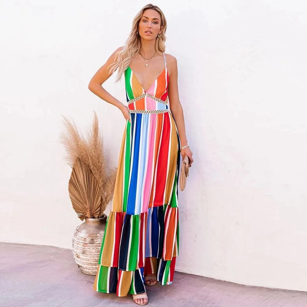 V-NECK COLORFUL STRIPED PRINT BOHO LONG DRESS