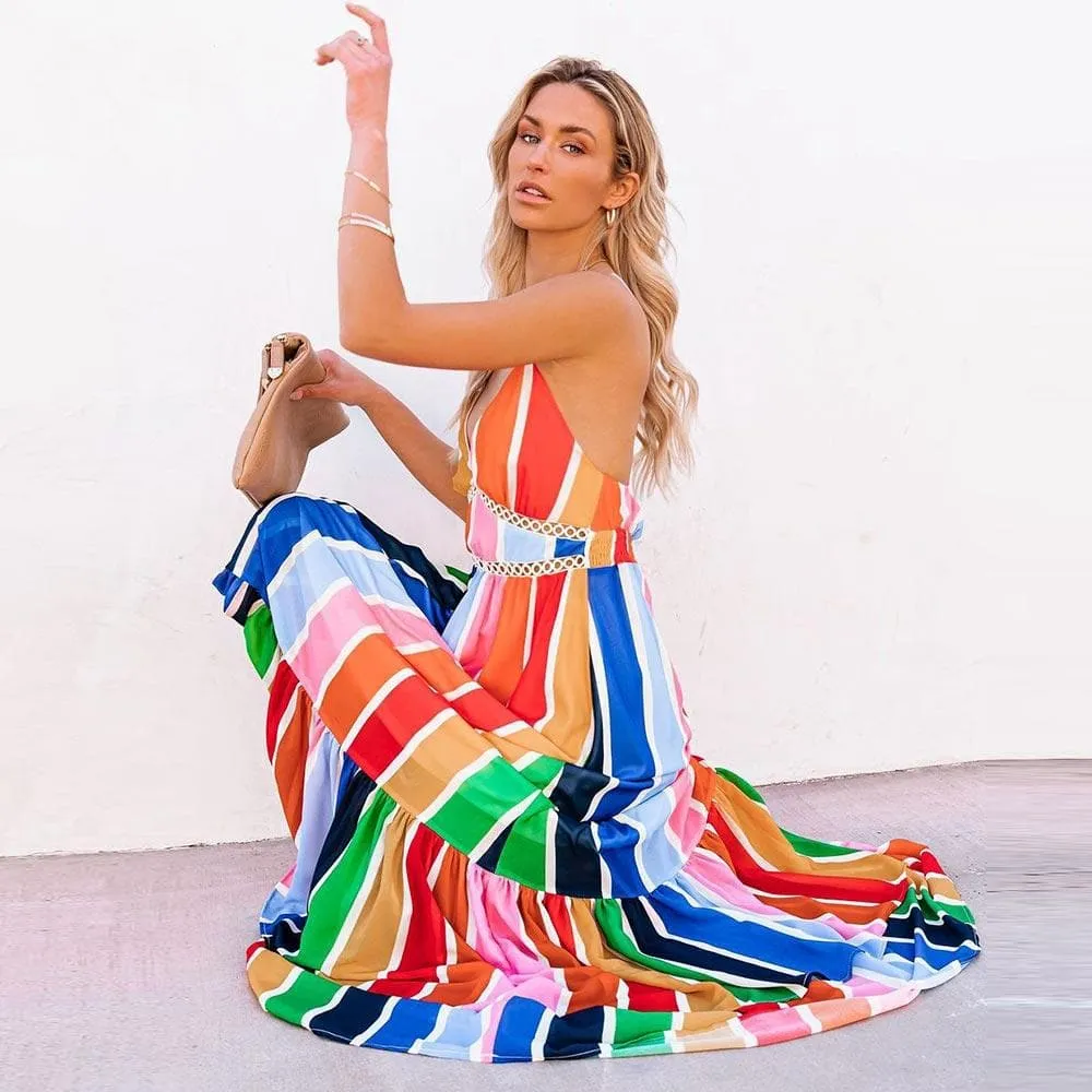 V-NECK COLORFUL STRIPED PRINT BOHO LONG DRESS