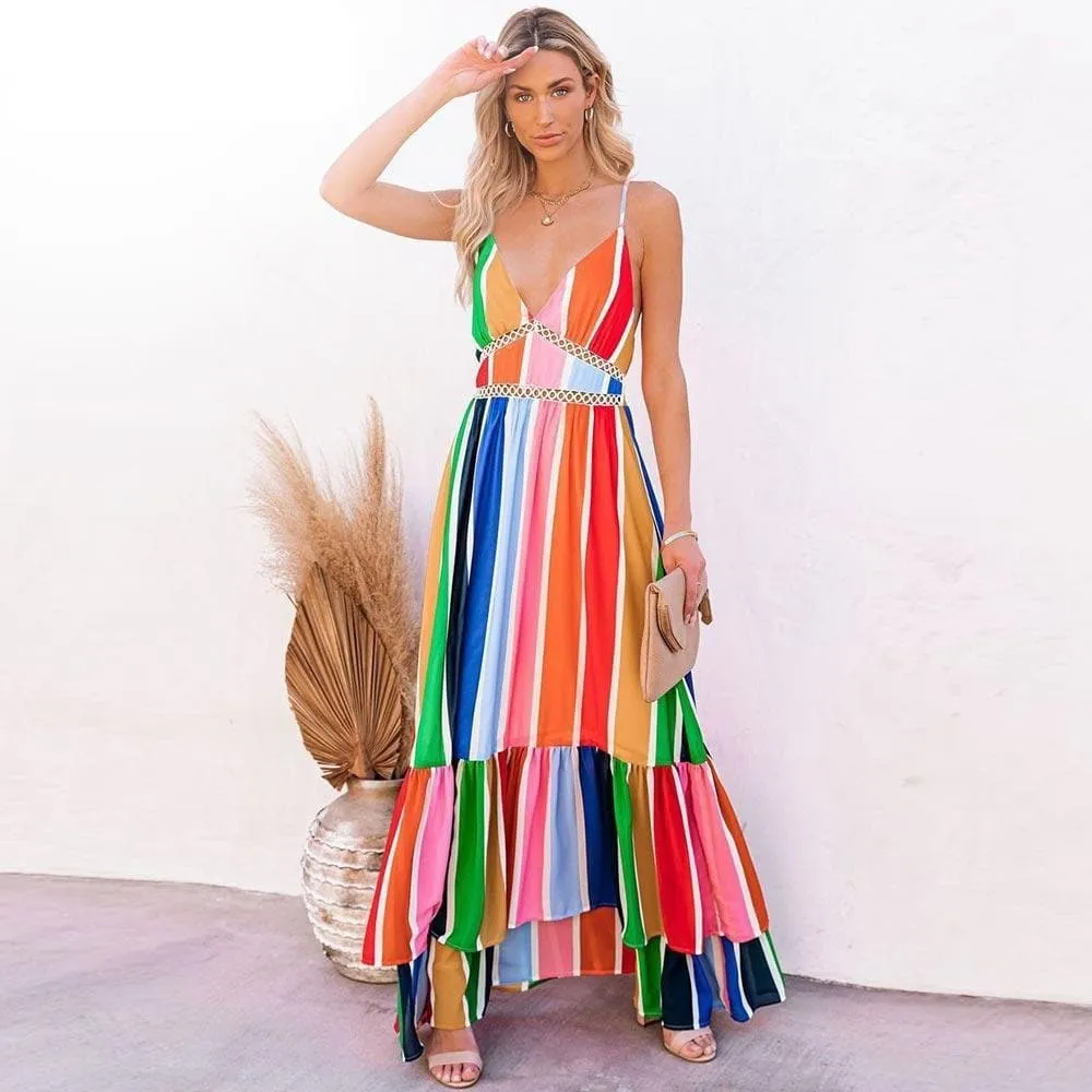 V-NECK COLORFUL STRIPED PRINT BOHO LONG DRESS