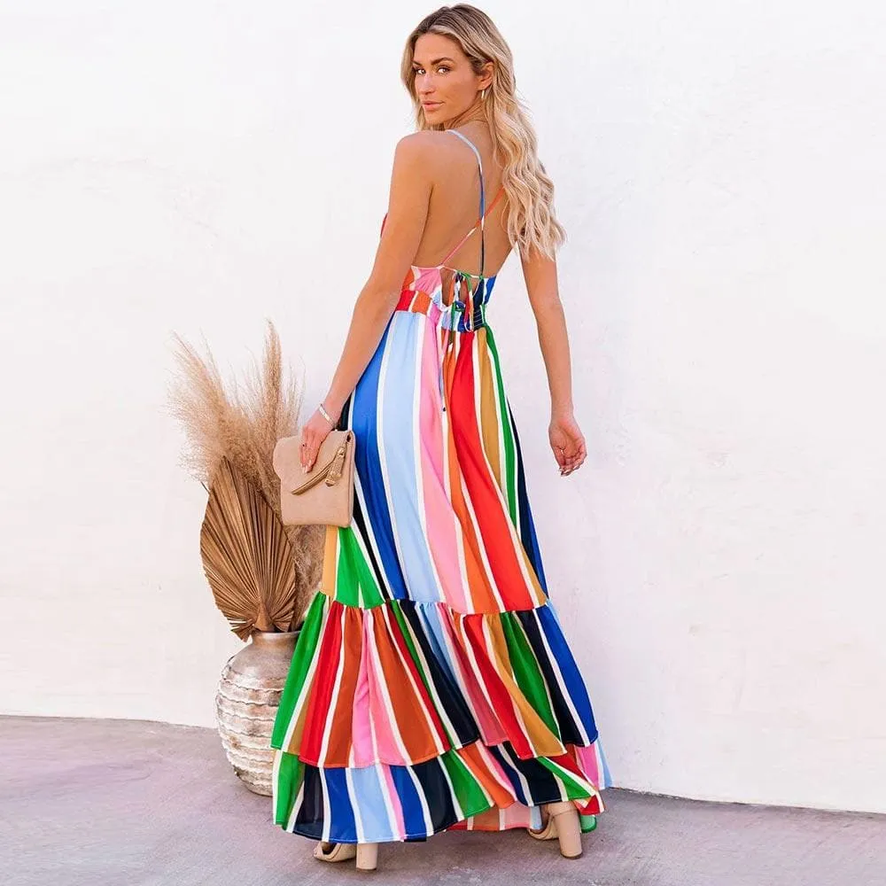 V-NECK COLORFUL STRIPED PRINT BOHO LONG DRESS