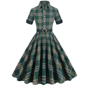 Vintage Elegant England Style Plaid Spliced Fit Flare Midi Dress
