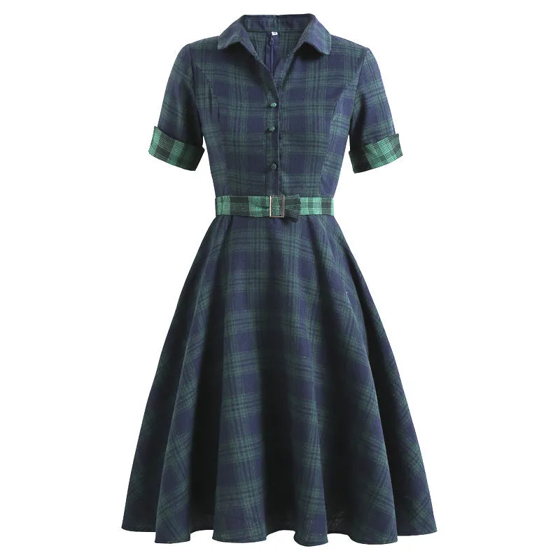 Vintage Elegant England Style Plaid Spliced Fit Flare Midi Dress