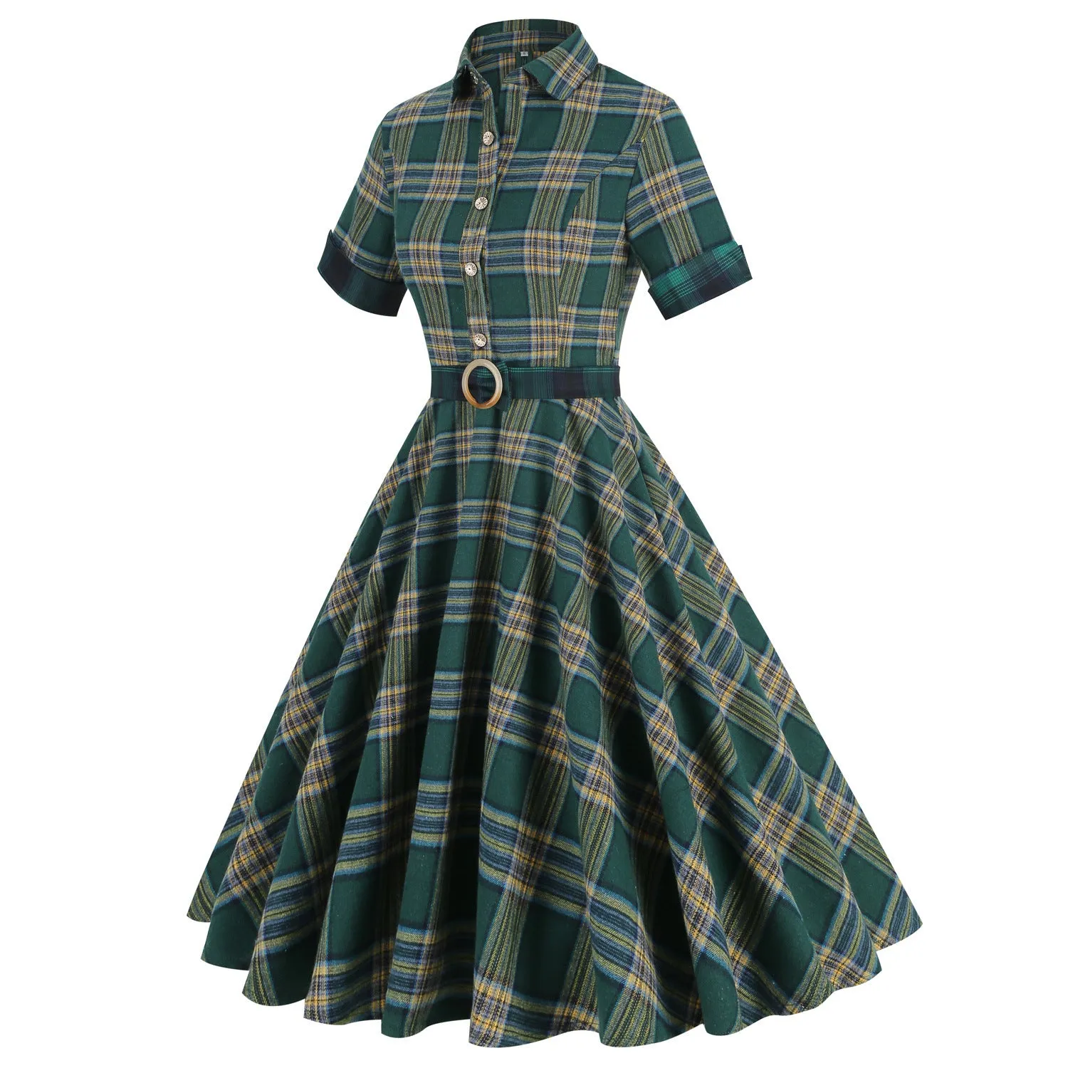 Vintage Elegant England Style Plaid Spliced Fit Flare Midi Dress