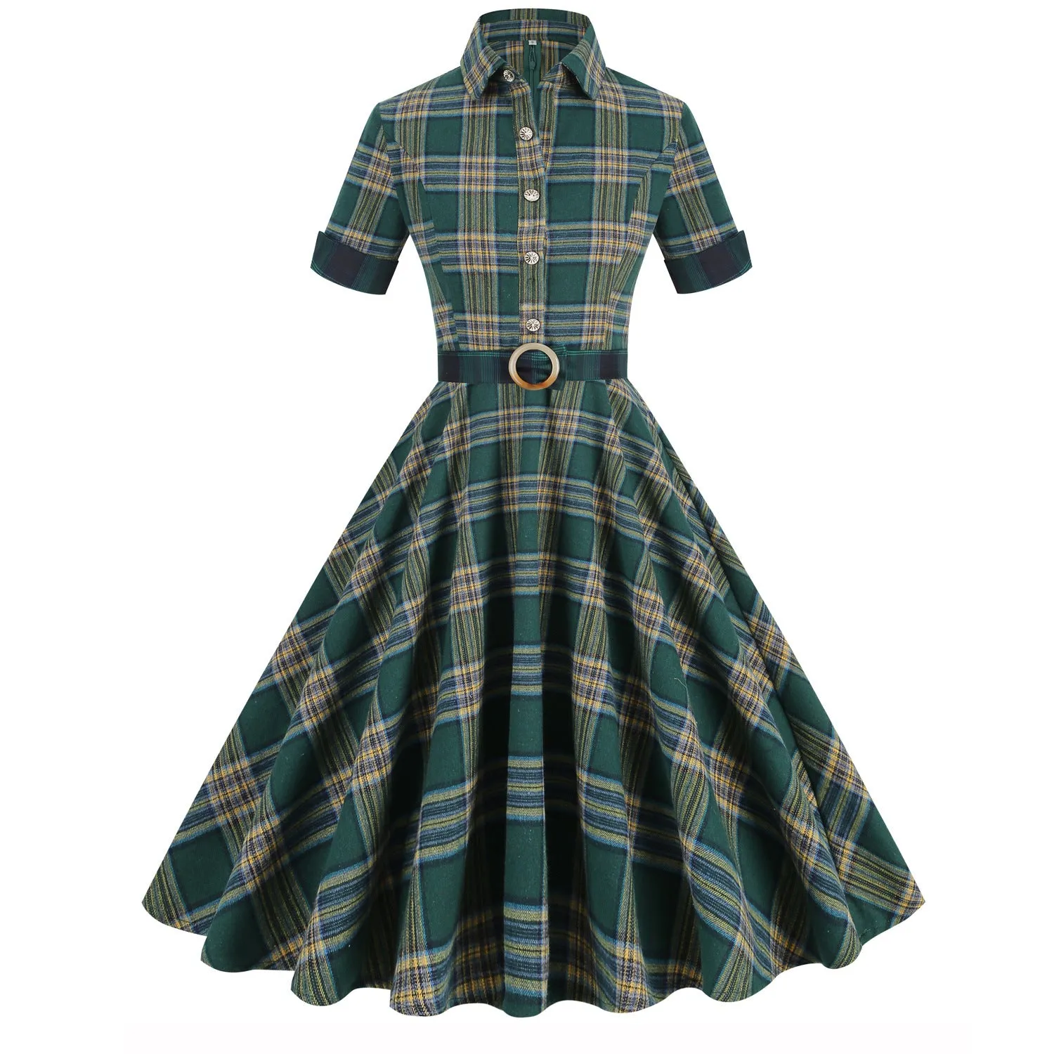 Vintage Elegant England Style Plaid Spliced Fit Flare Midi Dress