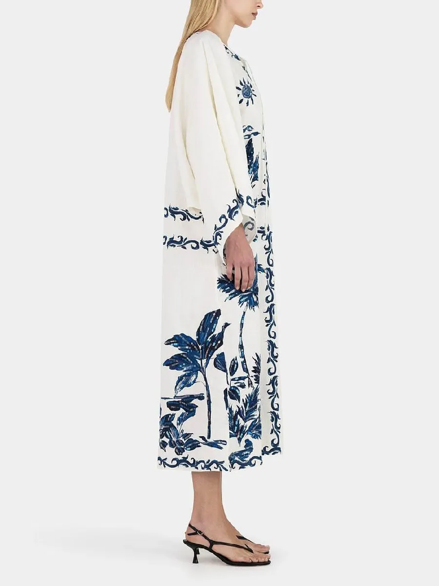 Vintage Hawaiian Print Sequined Midi Dress