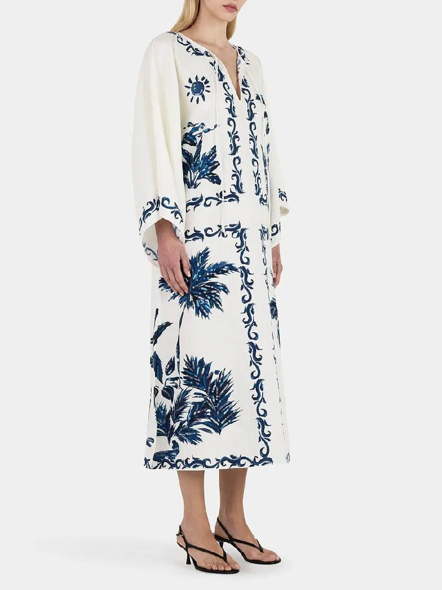 Vintage Hawaiian Print Sequined Midi Dress