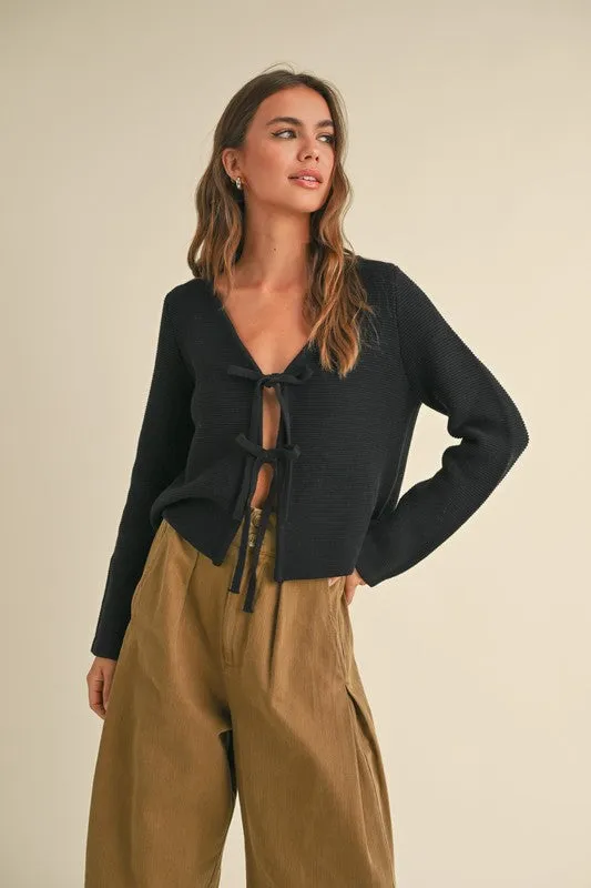 Waitlist 4/20 ♥ Joelle Long Sleeve Bow Tie Knit Cardigan Sweater Black