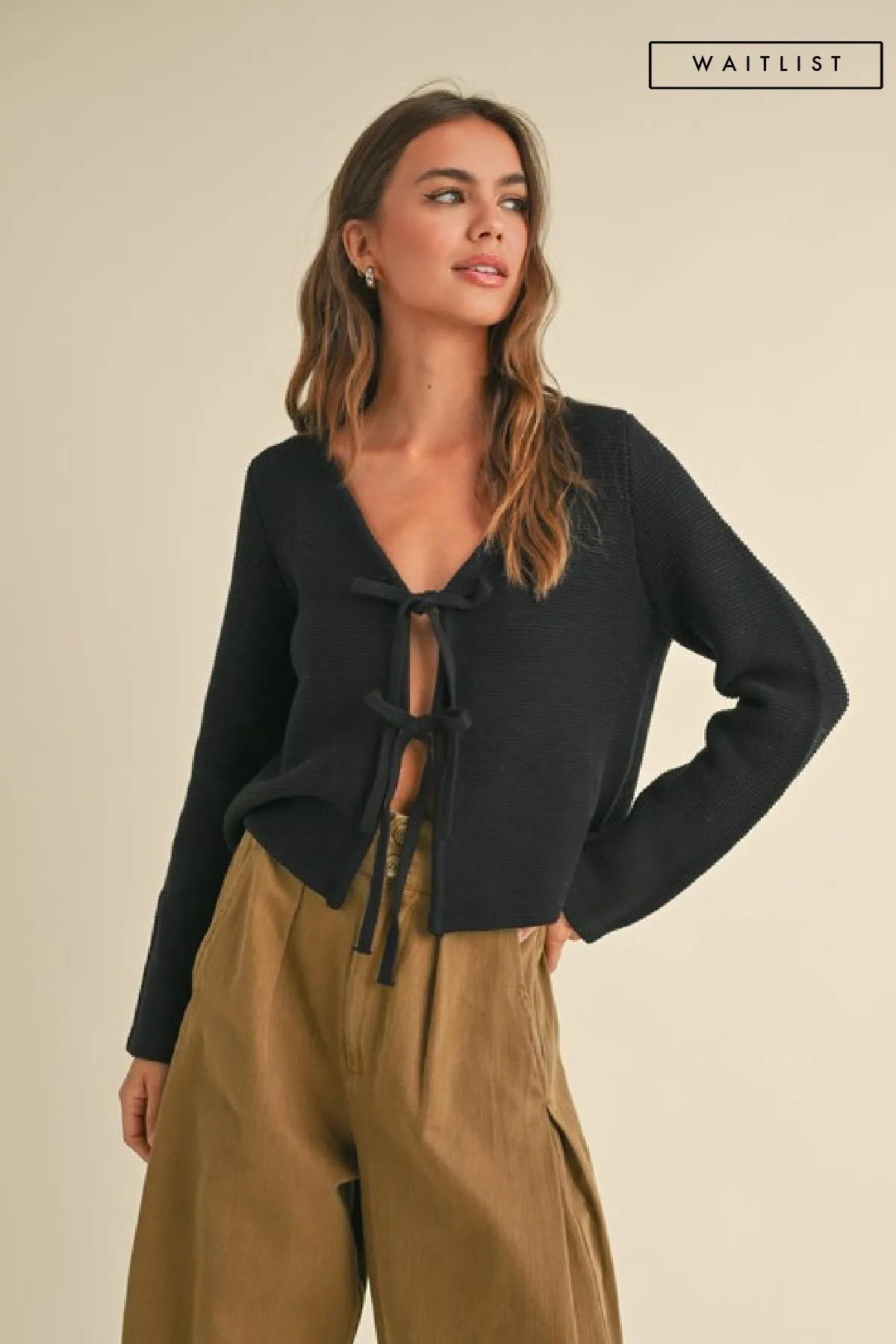 Waitlist 4/20 ♥ Joelle Long Sleeve Bow Tie Knit Cardigan Sweater Black