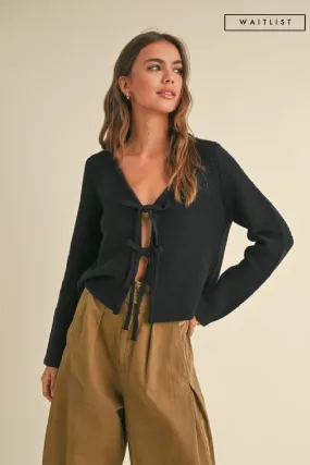 Waitlist 4/20 ♥ Joelle Long Sleeve Bow Tie Knit Cardigan Sweater Black