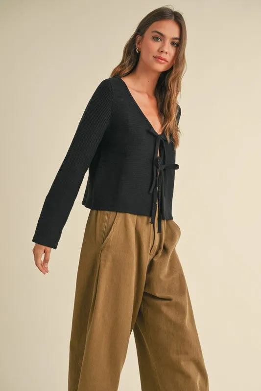 Waitlist 4/20 ♥ Joelle Long Sleeve Bow Tie Knit Cardigan Sweater Black