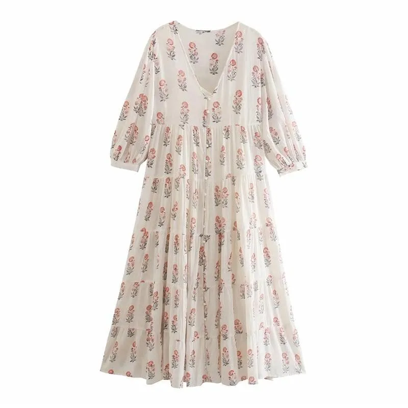 WHITE FLORAL PUFF SLEEVE MIDI DRESS