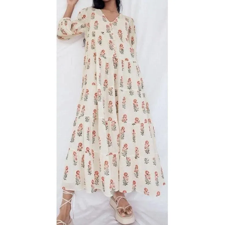 WHITE FLORAL PUFF SLEEVE MIDI DRESS