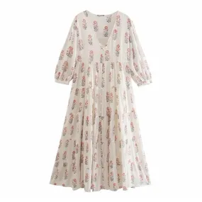 WHITE FLORAL PUFF SLEEVE MIDI DRESS