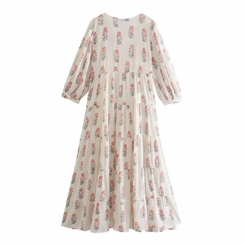 WHITE FLORAL PUFF SLEEVE MIDI DRESS