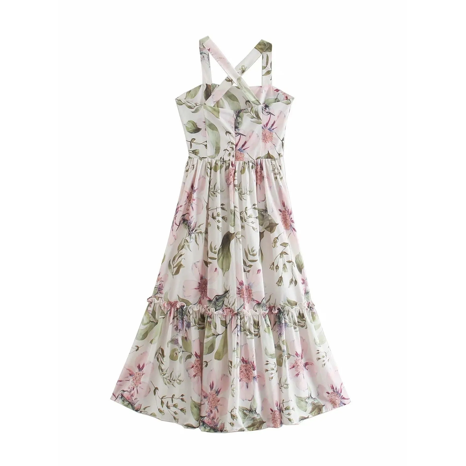 WHITE FLORAL SPAGHETTI MIDI DRESS