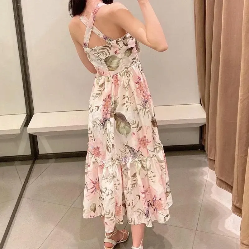 WHITE FLORAL SPAGHETTI MIDI DRESS
