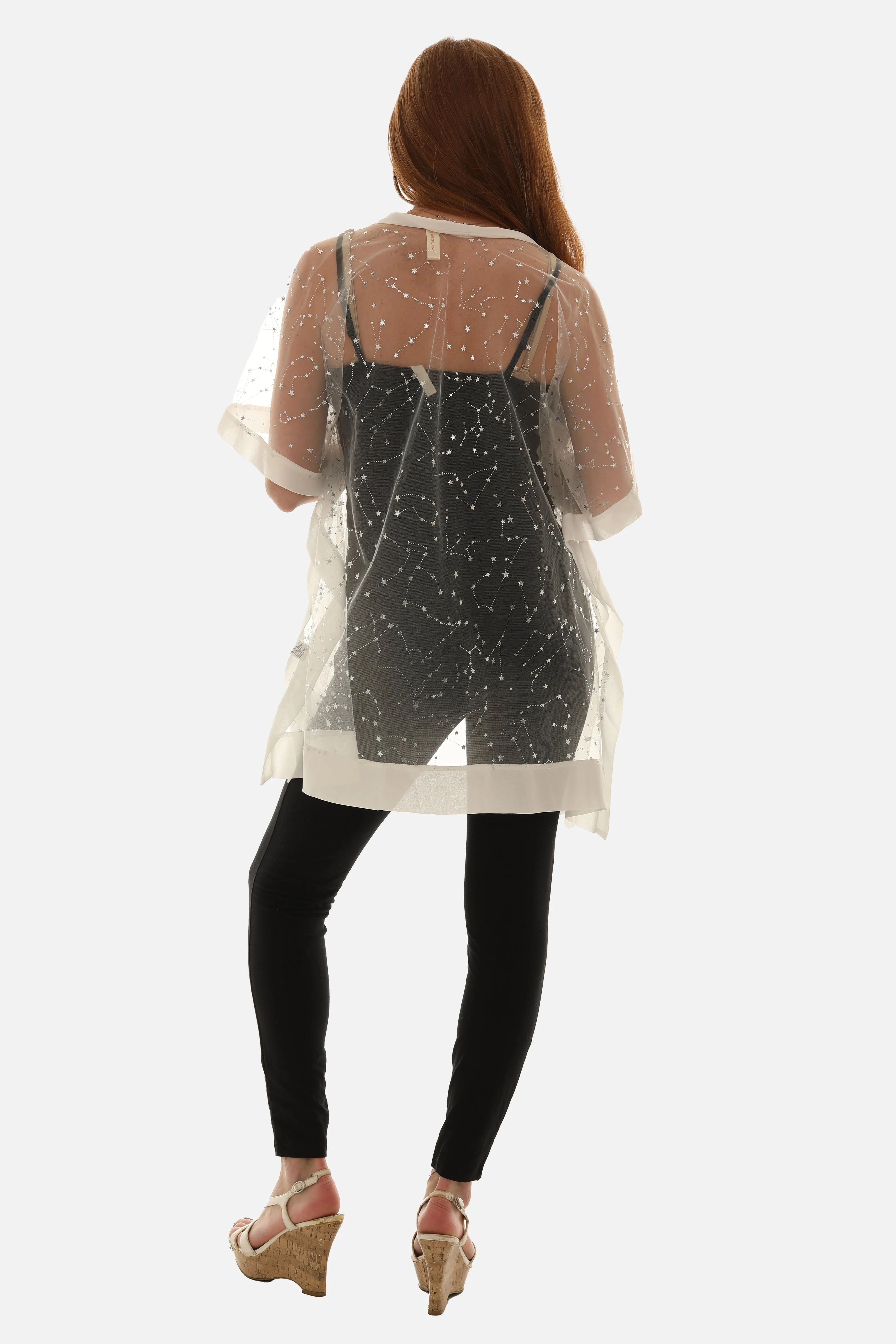 Women Mesh Silver Foil Star Print Open Cardigan