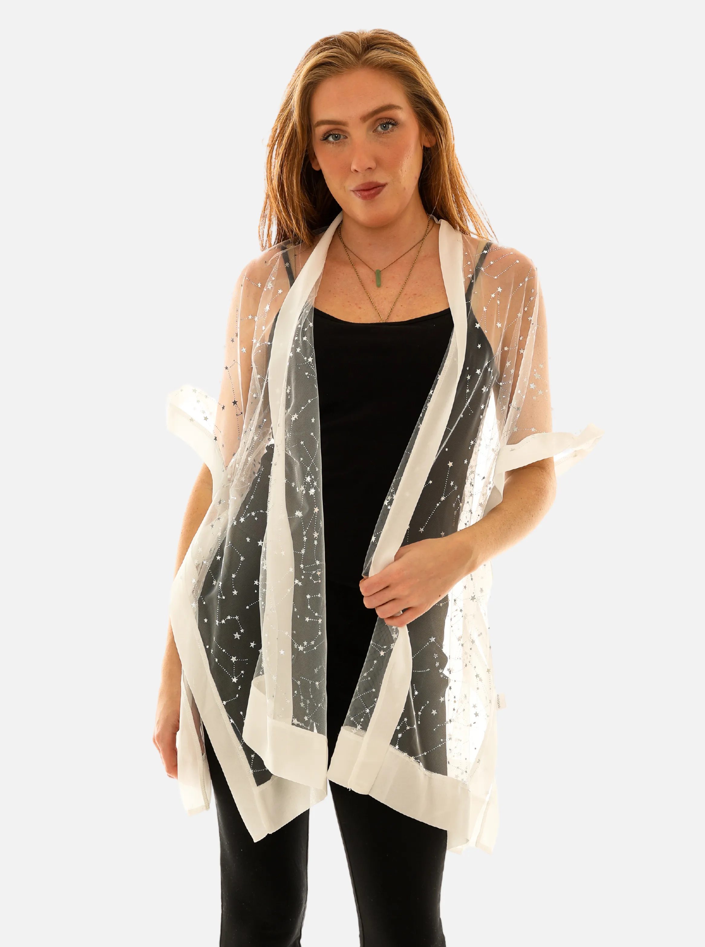 Women Mesh Silver Foil Star Print Open Cardigan