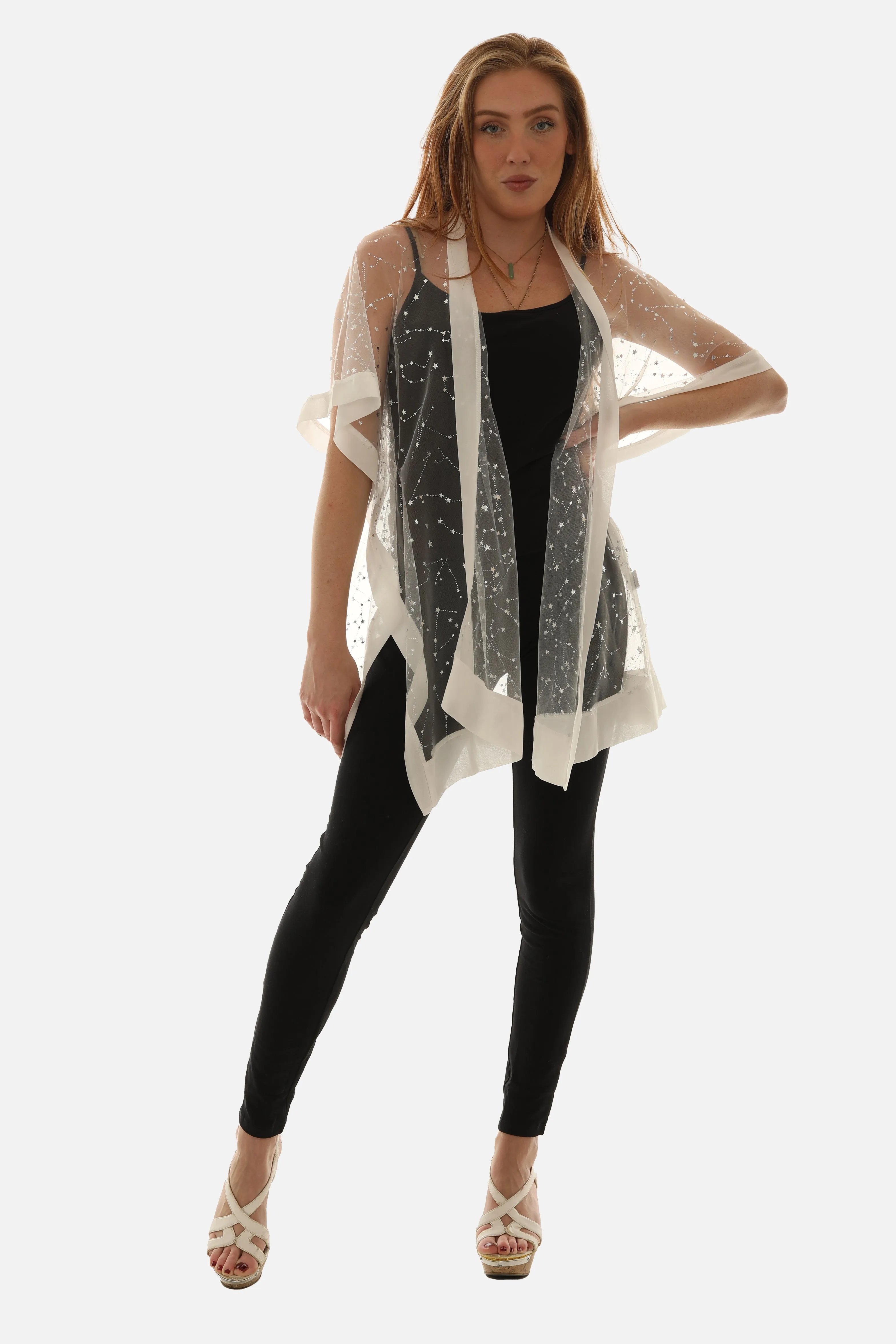 Women Mesh Silver Foil Star Print Open Cardigan