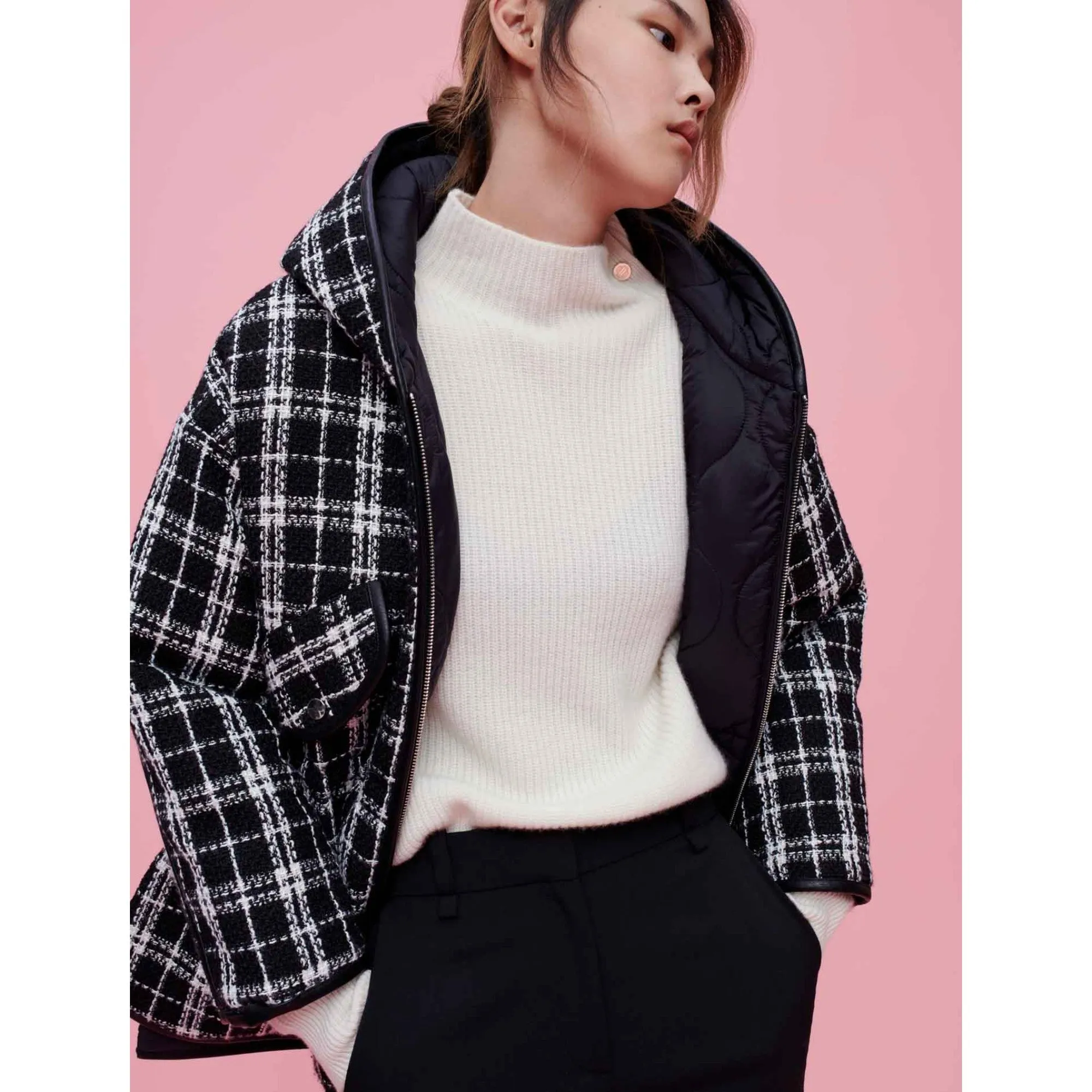 Women Reversible Tweed Jacket With Hood - Black