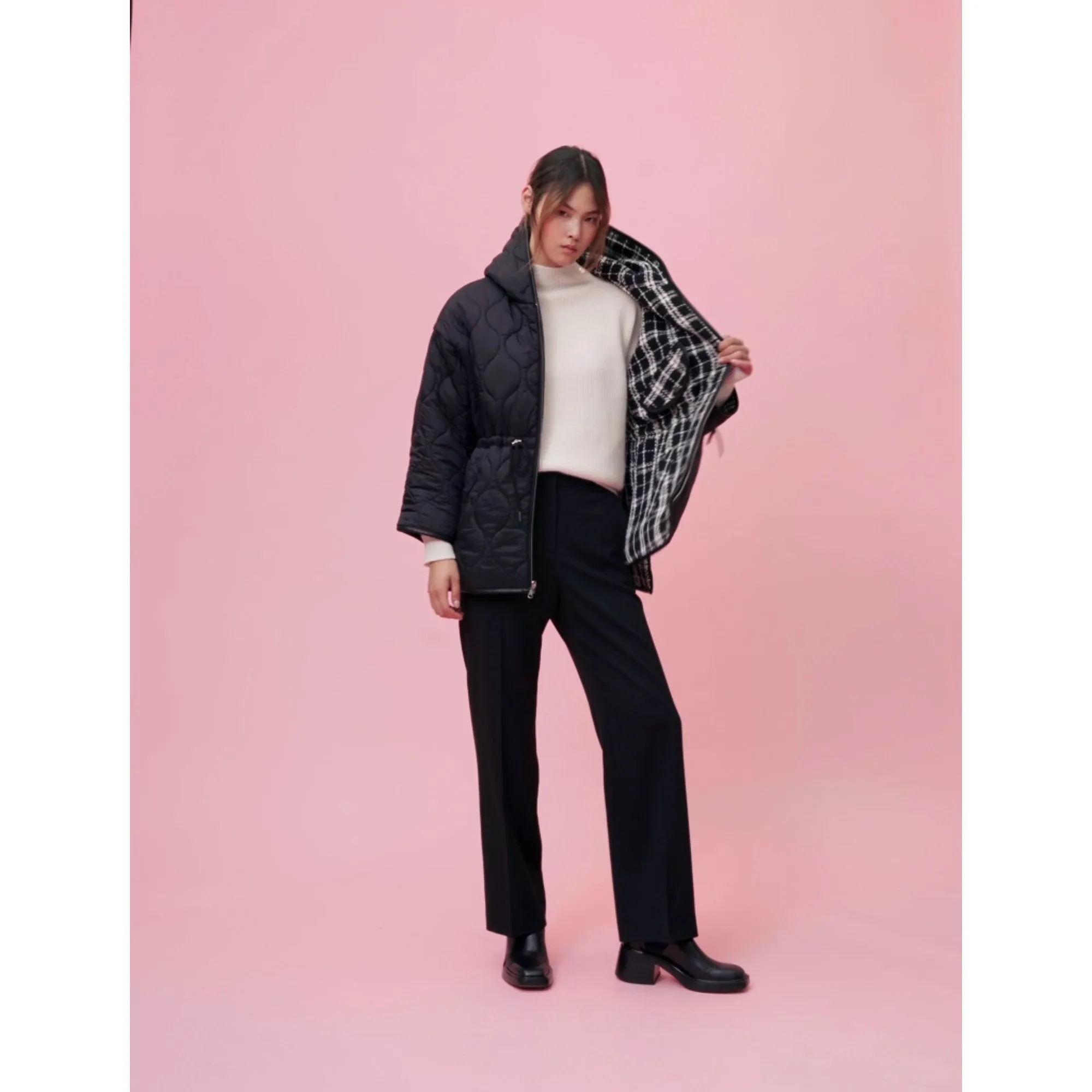 Women Reversible Tweed Jacket With Hood - Black