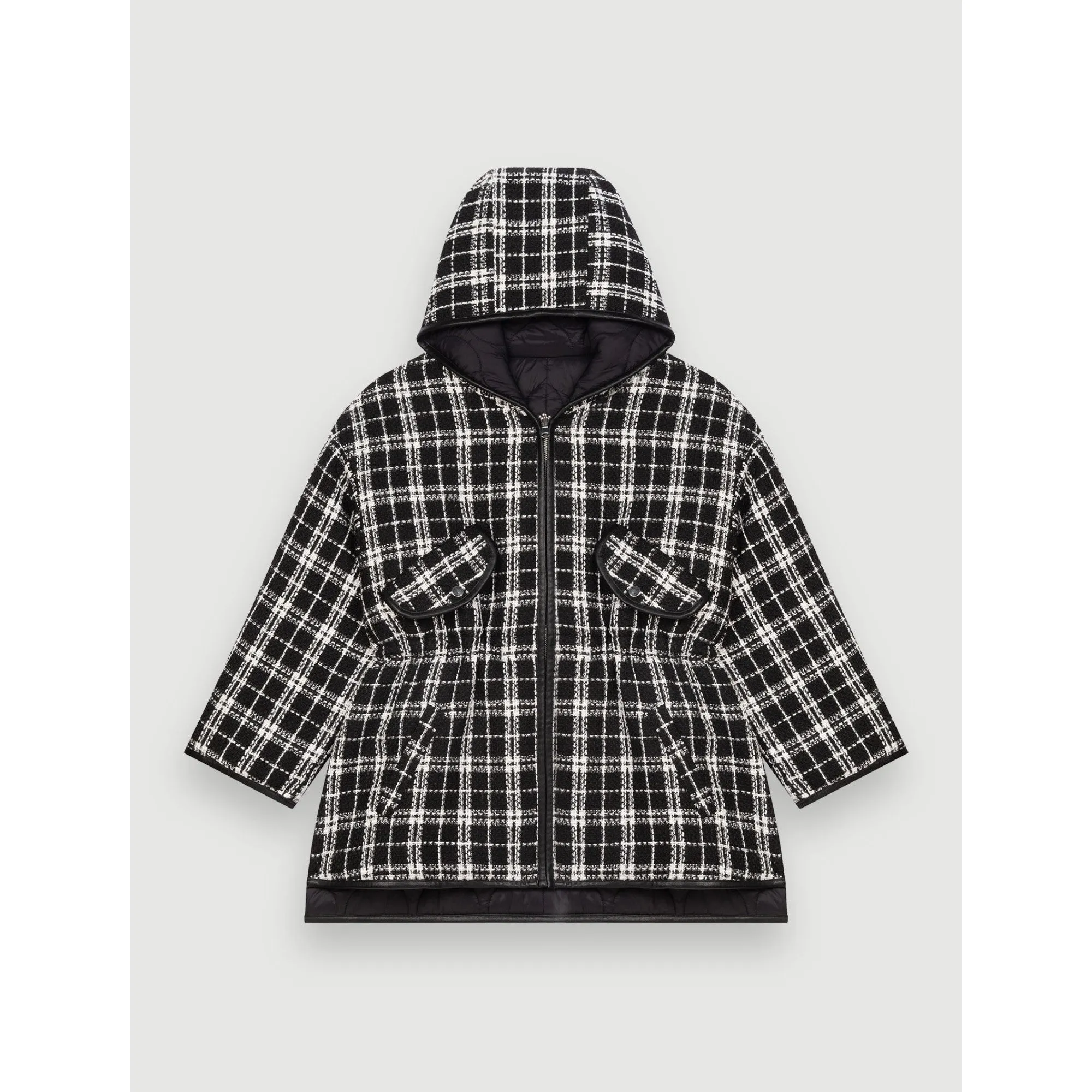 Women Reversible Tweed Jacket With Hood - Black